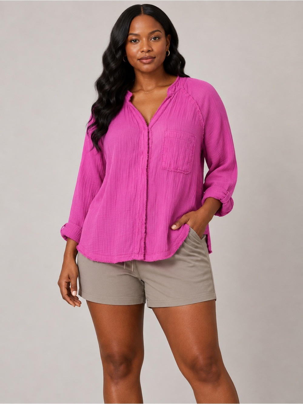 aerie Fuchsia Button-Front Crinkle Blouse